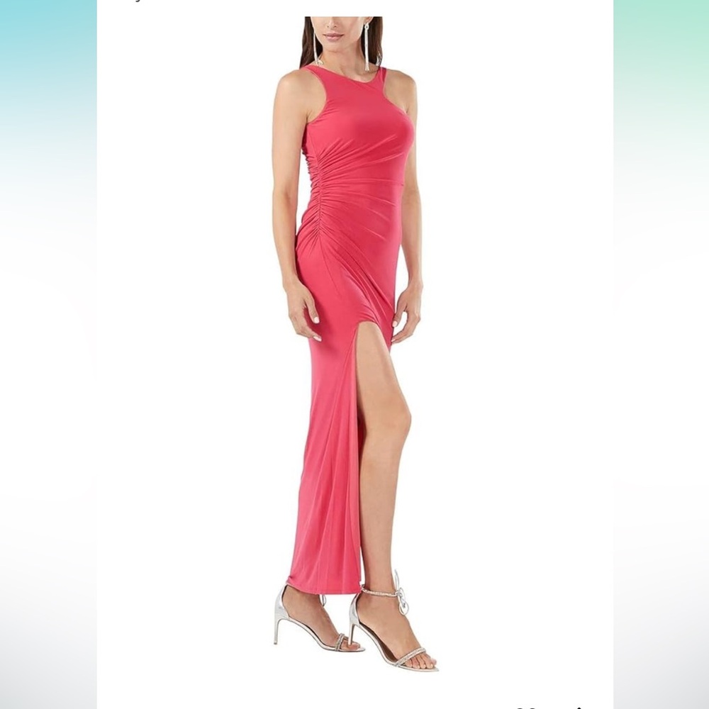 BCBGMaxAzria Raspberry Asymmetrical Ruched Slit Gown Dress